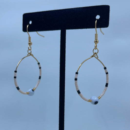 Black and Tan with White Evil Eye Bead Hoop Earrings