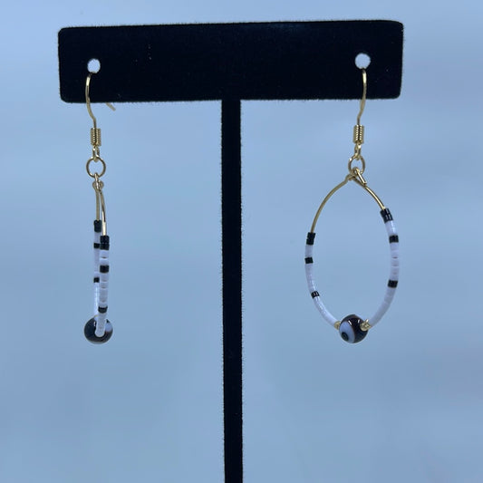 Black and White with Evil Eye Bead Hoop Earrings