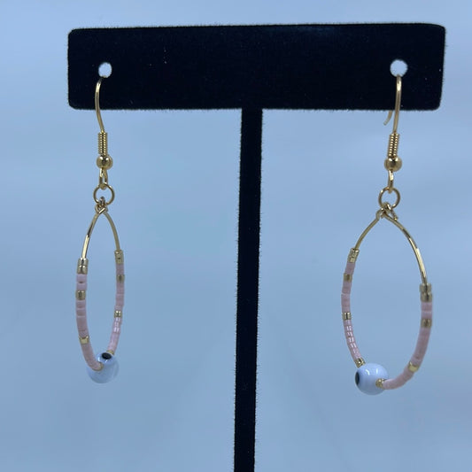 Pink and Gold with White Evil Eye Bead Hoop Earrings