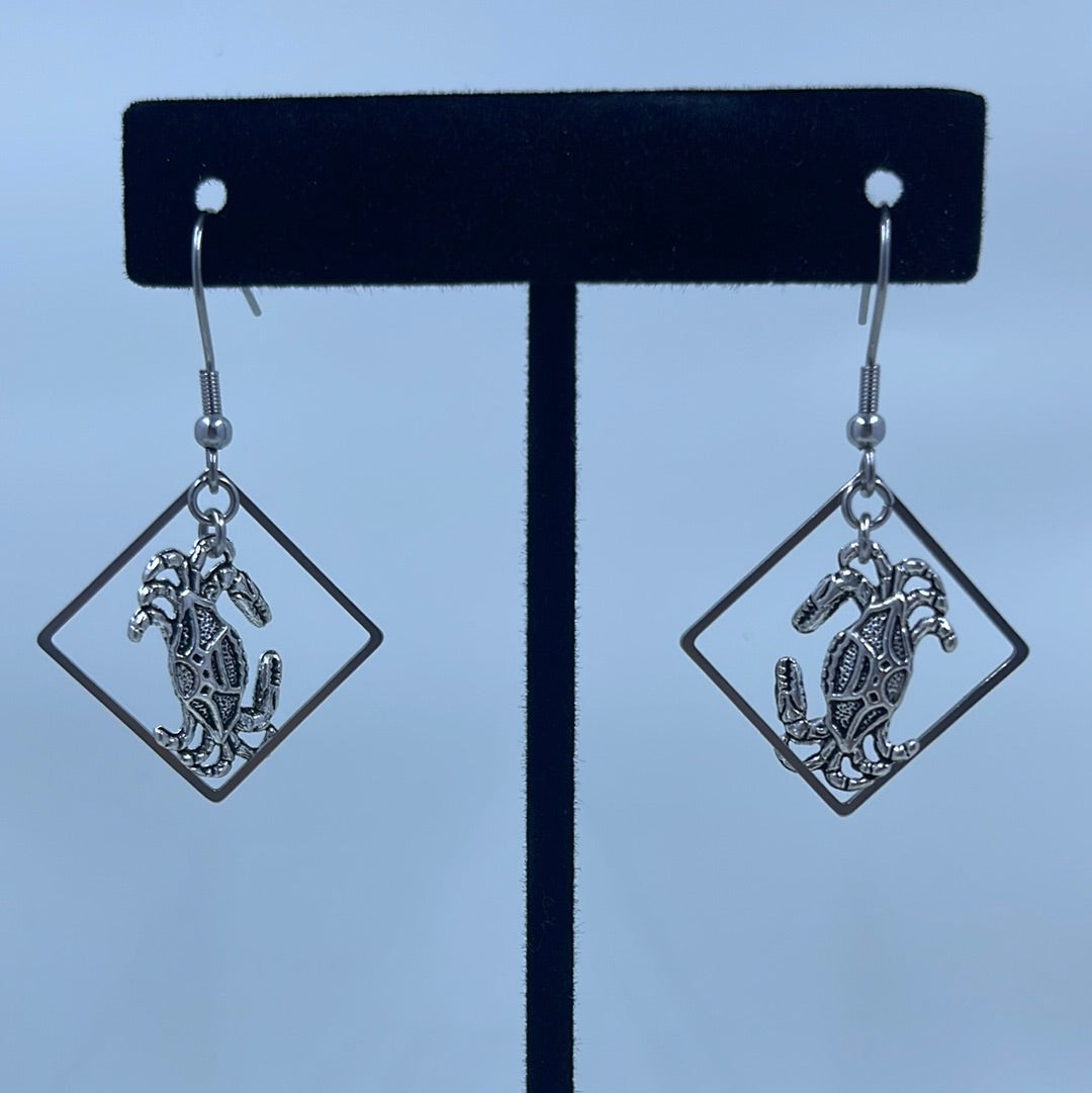 Blue Crab Earrings - silver tone